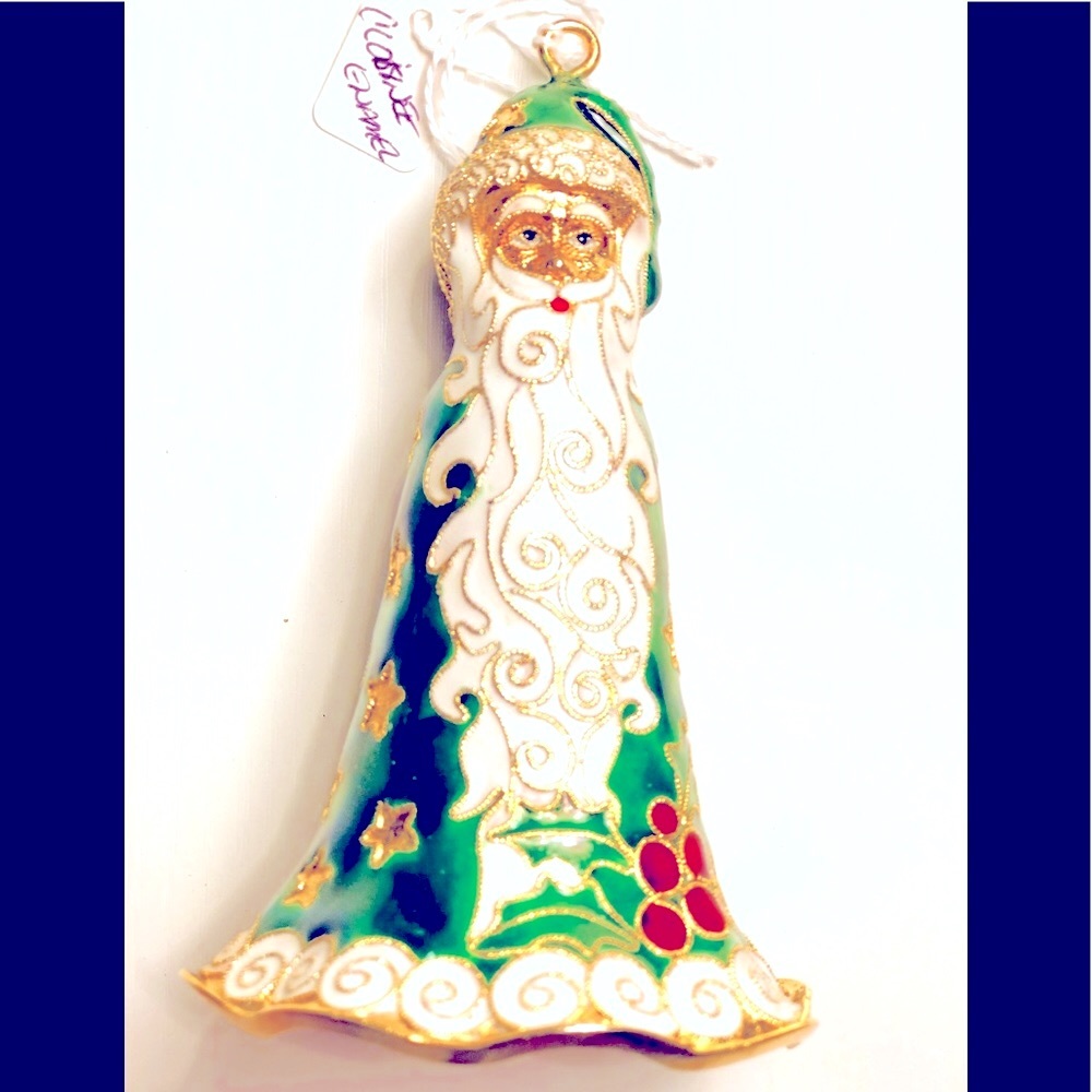 Neiman Marcus Santa Cloisonné enamel green &. Gold leaf Y2K Bell ornament